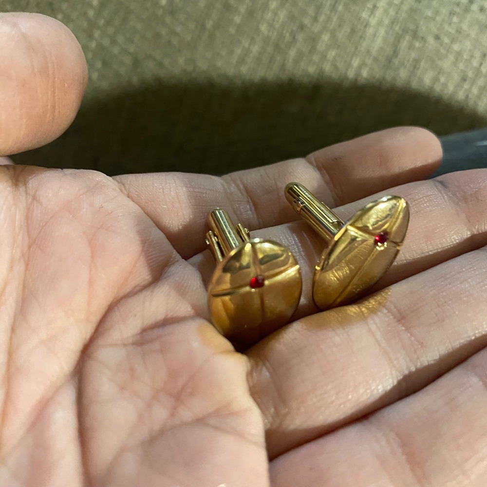 Vintage Swank Gold Tone Oval Cufflinks Red Rhinestone Accent Mid Century Modern